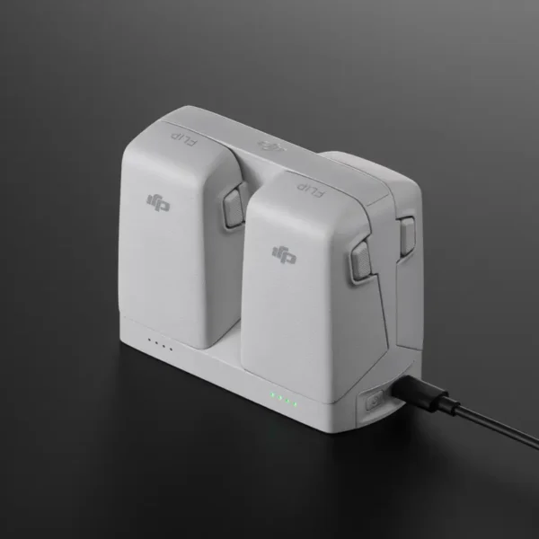 Close-up of the battery slots and status display on the DJI Flip Parallel Charging Hub