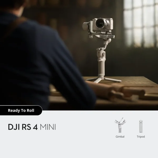 The compact DJI RS 4 Mini handheld gimbal stabilizer positioned on its included tripod.