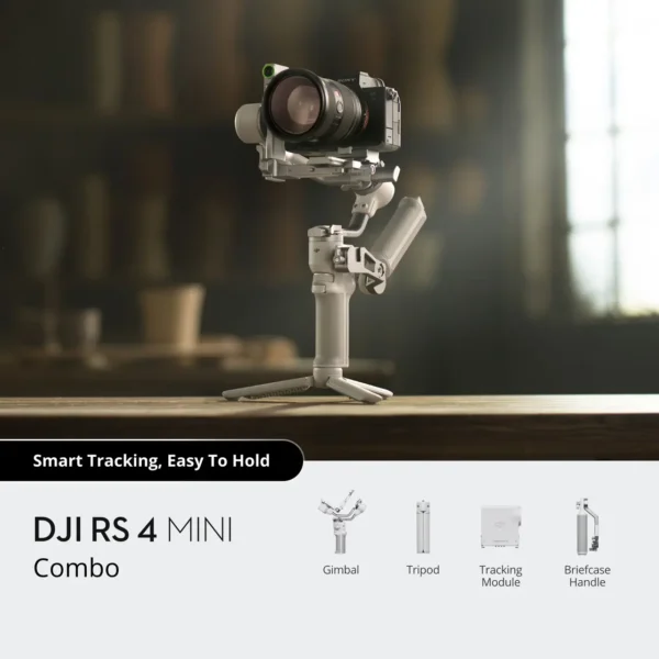 The complete DJI RS 4 Mini Combo featuring the gimbal, briefcase handle, and carrying case.