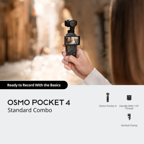 The Osmo Pocket 4 Standard Combo handheld gimbal camera alongside its included protective cover and handle.
