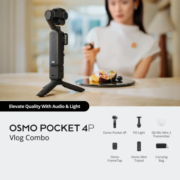 The complete Osmo Pocket 4P Vlog Combo kit featuring the gimbal, wireless microphone, battery handle, and mini tripod.