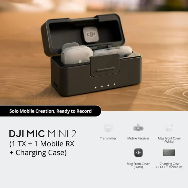 DJI Mic Mini 2 (1 TX + 1 Mobile RX + Charging Case) compact single transmitter and mobile receiver setup with charging case