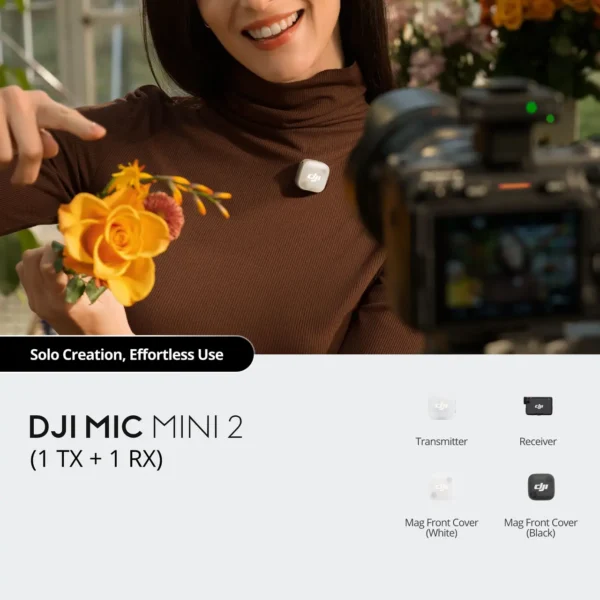 DJI Mic Mini 2 (1 TX + 1 RX) compact wireless microphone set with magnetic clip transmitter and receiver