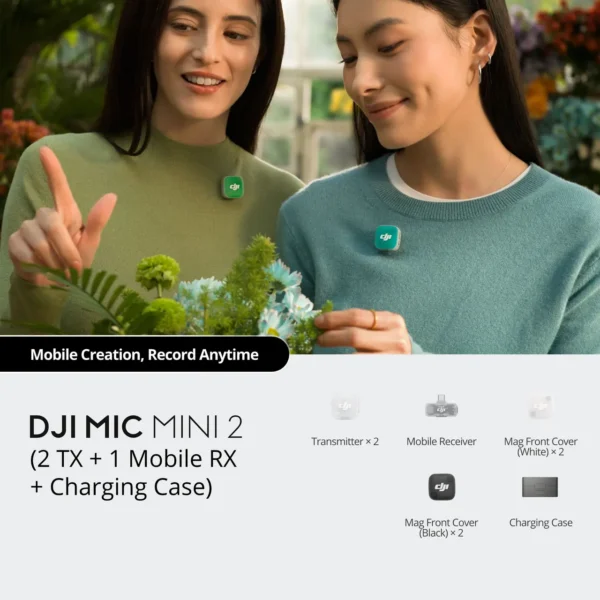 DJI Mic Mini 2 (2 TX + 1 Mobile RX + Charging Case) dual wireless microphone setup with smartphone receiver and charging case