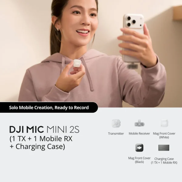 DJI Mic Mini 2S (1 TX + 1 Mobile RX + Charging Case) compact single transmitter and mobile receiver setup with charging case