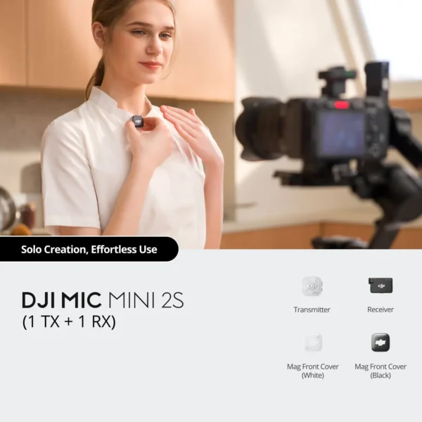 DJI Mic Mini 2S (1 TX + 1 RX) compact single wireless microphone transmitter and camera receiver setup