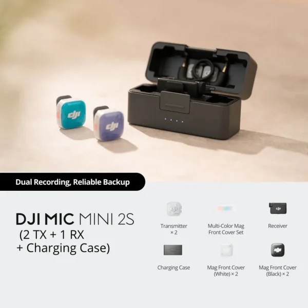 DJI Mic Mini 2S (2 TX + 1 RX + Charging Case) dual wireless microphone transmitters, receiver, and charging case