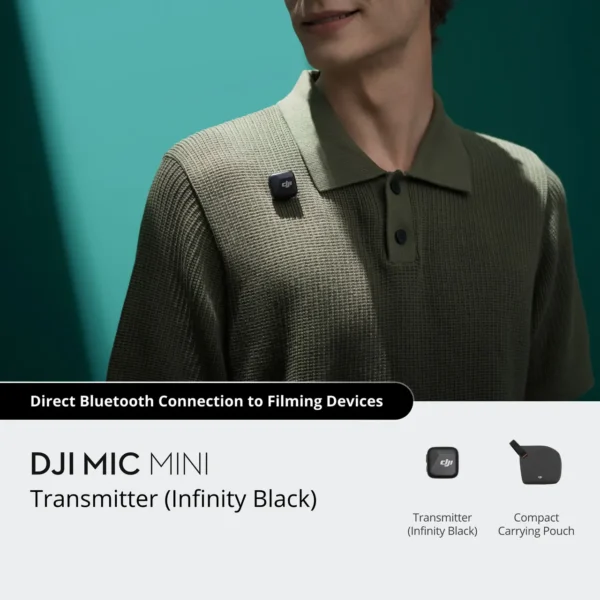 DJI Mic Mini Transmitter (Infinity Black) clip-on wireless microphone attached to a shirt collar