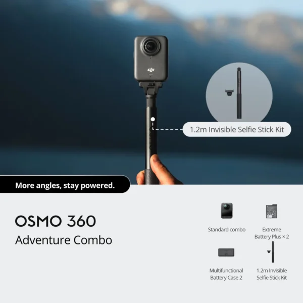 Osmo 360 Adventure Combo featuring the 8K action camera, three batteries, charging case, and extension rod
