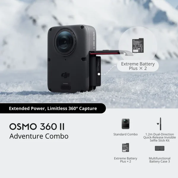 Osmo 360 II Adventure Combo action camera mounted on an invisible selfie stick with battery case