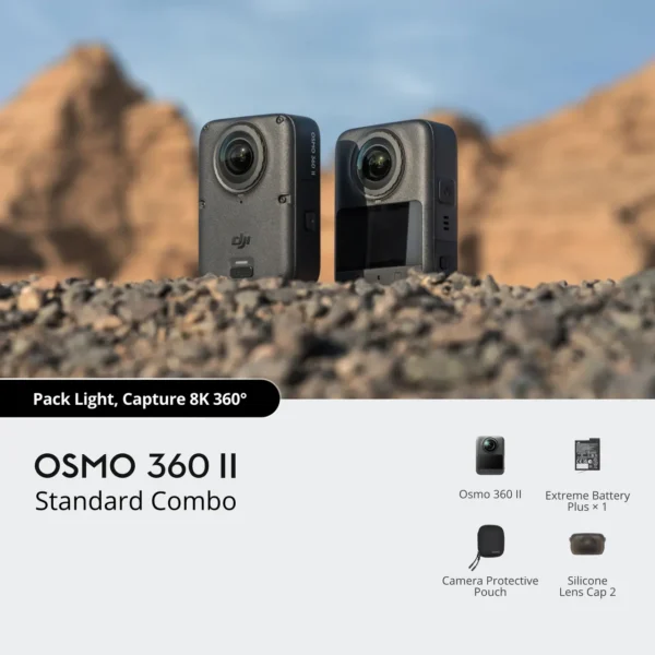 Osmo 360 II Standard Combo 8K action camera with protective lens caps and battery setup