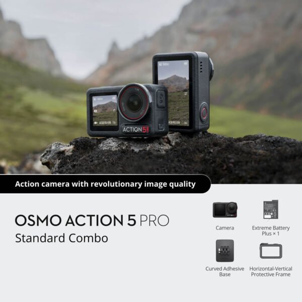 DJI Osmo Action 5 Pro Standard Combo action camera featuring dual high-brightness OLED touchscreens.