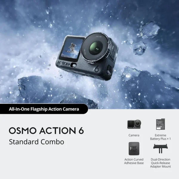 DJI Osmo Action 6 Standard Combo action camera showcasing front and rear OLED touchscreens